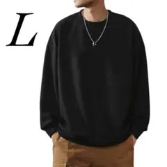 トレーナー メンズ L スエード 長袖tシャツ ブラック 丸首 ゆったり