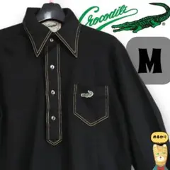 希少 80s ビンテージ クロコダイル 長袖ポロシャツ 黒 M ステッチ 日本製