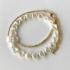 ハートのパールビーズとゴールドビーズのネックレス　白×ゴールド