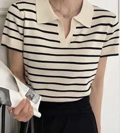アイボリー/黒ストライプ 半袖ポロシャツ