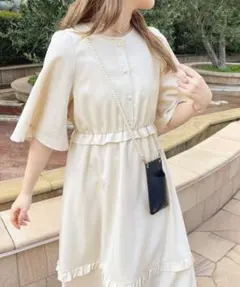 半袖 ロングワンピース アイボリー ロング丈のティアードワンピース