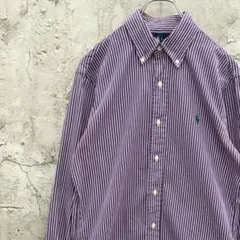 ラルフローレン　刺繍ポニー　ストライプシャツ　BDシャツ　古着　パープル　S