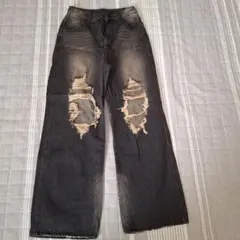 ダメージ加工 ダークグレー ワイドレッグデニム