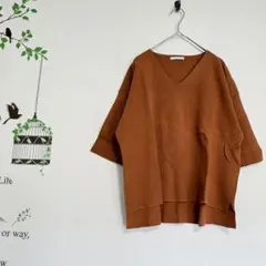 オペークドットクリップ/ Vネック 5分袖 ニット オレンジ M