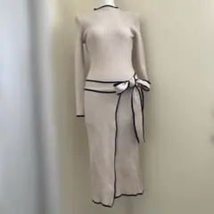 巻きスカート風、長袖ニットデザインワンピース