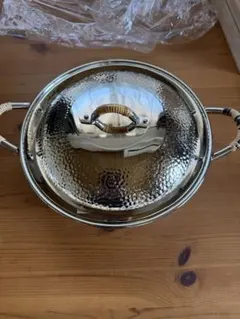 ⭐︎昭和モダン ステンレスハンマーフィニッシュ両手鍋 木製持ち手付き