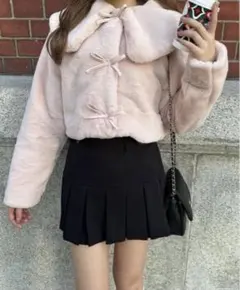 NICE CLAUP plume フェイクファーリボンコート ピンク