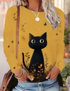 新品！黒猫イラスト長袖Tシャツ　ネコ