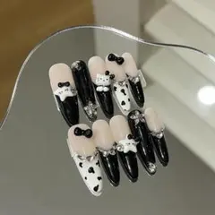 No.15 ネイルチップ スナ系 ワンホン 量産型 千鳥柄 ロング ガーリー