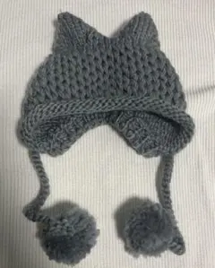 グレー 猫耳 ニット帽 ポンポン付き