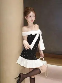 新品 Darich ダーリッチ パールビジューオフショルフリルニットミニワンピ