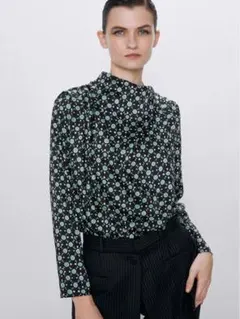 ZARA　レトロ　グリーン　ブラウス　ドット　長袖　トップス
