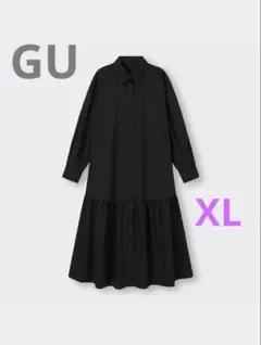 【GU】ギャザー切り替えシャツワンピース 長袖 ブラック XLサイズ