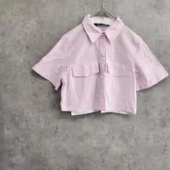 ZARA ザラ　ピンク ストライプ　クロップドシャツ　M 半袖