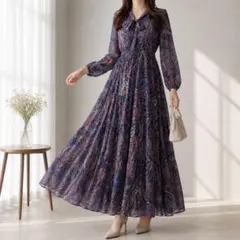 美品 ローレンラルフローレン ボウタイ ティアード ロングワンピース