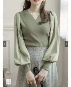 GRL グレイル　袖切り替えカシュクールニットトップス　グリーン