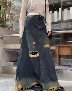 ダメージデニムロングスカート ダークブルー