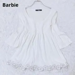 バービー　ニット　ホワイト　花柄刺繍　フレア　綿混　薄手　ガーリー　カジュアル