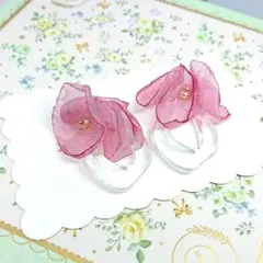No.813☆ドロップ×華やかシフォンフラワー（ローズ） ピアス イヤリング