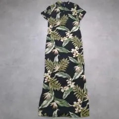 Favant Hawaii パープル花柄ハワイアンロングワンピースリゾートフリー 
