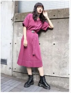 【ジュエティ】ベルト付きミリタリーステッチ半袖シャツワンピース パープルMのサムネイル