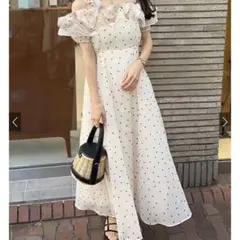 GRL ドット柄フリルオフショルダーフレアロングワンピース ru1165