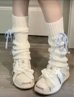 ホワイトニットレッグウォーマー リボン付き