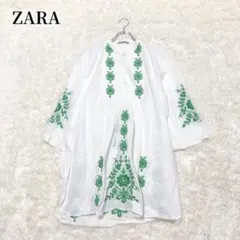 ザラ　ZARA ひざ丈フレアワンピース　ホワイト　刺繍　ナチュラル　春　大人