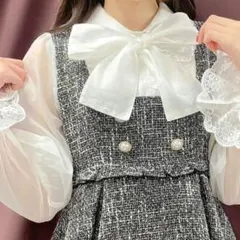 ロジータ シアースリーブツイードワンピース リボン パール フレア フリーサイズ