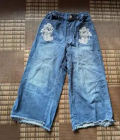 刺繍デザイン デニムワイドパンツ