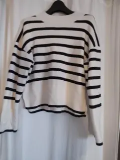 GLOBAL WORKニット★白×黒ボーダー★春秋オフィス М 売切 20日まで