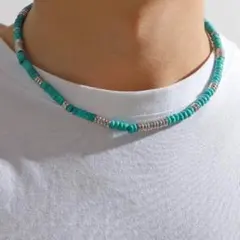 ターコイズブルー×シルバー民族風ネックレスエスニックユニセックス073