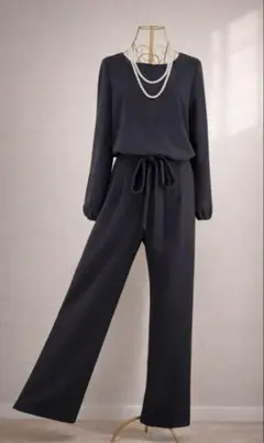 ブラック パンツドレス L 新品 ネックレス付 結婚式 美シルエット フォーマル