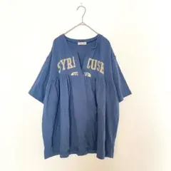 サマンサモスモス 半袖 チュニック 裾フレア 青 スリットネック プリント