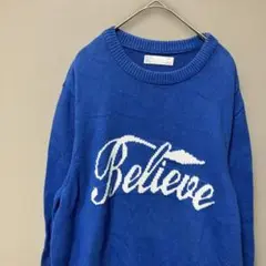 ベルシュカ　ロゴ編みこみニット(L)ブルー　チクチクしないクルーネック