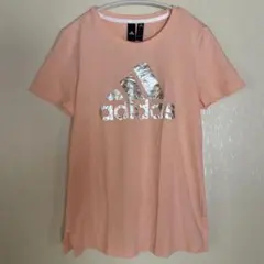 adidas サーモンピンク　シルバープリントロゴTシャツ L