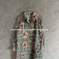 昭和レトロワンピース　長袖ワンピ　花柄　オープンカラー　ヴィンテージワンピ　古着