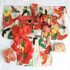 七五三 5歳 7歳 女の子 子供 アンティーク 鶴 着物 つくり帯 セット