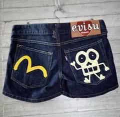 EVISU デカロゴ カモメ ブラックデニム オーバーオール ハーフパンツ EVISU デカロゴ カモメ ブラックデニム オーバーオール ハーフパンツ