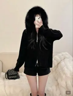 ファー付き ニット ジップアップ パーカー ブラック スナ系 SHEINのサムネイル