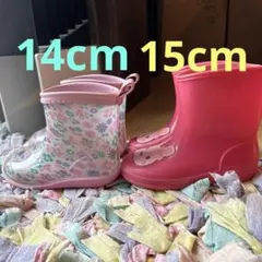14 15 ピンク ベビーレインブーツ　レインシューズ　長靴　花　ウサギ　こども