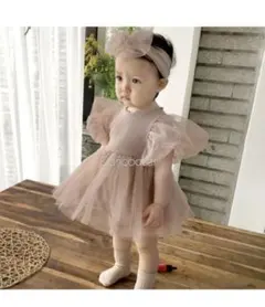 ベビードレス ヘアバンド付き くすみピンク 70cm