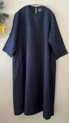 のり子様専用⭐️無印良品MUJI七分袖リネンAラインワンピース ネイビー⭐️