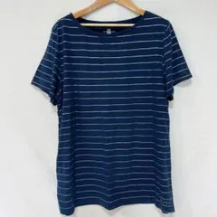 美品TommyHilfigerトミー半袖ストライプTシャツネイビーLL刺繍ロゴ