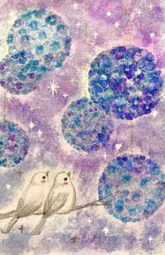momorin様専用水彩画　パンジーの花鞠と眺める小鳥さん　値段は※900円です