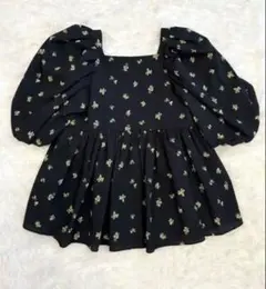 ミラオーウェン　バックリボンバルーンスリーブチュニック 手洗い可能 黒 花柄