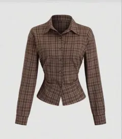 ブラウン チェック柄 長袖シャツ Lサイズ