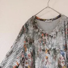 レア✨️花柄 五分袖トップス グレー系 ベロア チュニック お出かけ 大人可愛い