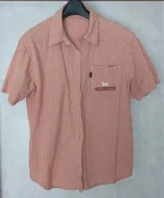 赤チェックシャツ　半袖　襟付き　前開き