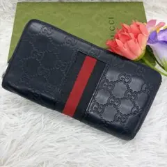 美品✨グッチ　長財布　ラウンドファスナー　シマ　シェリーライン　レザー　紺
